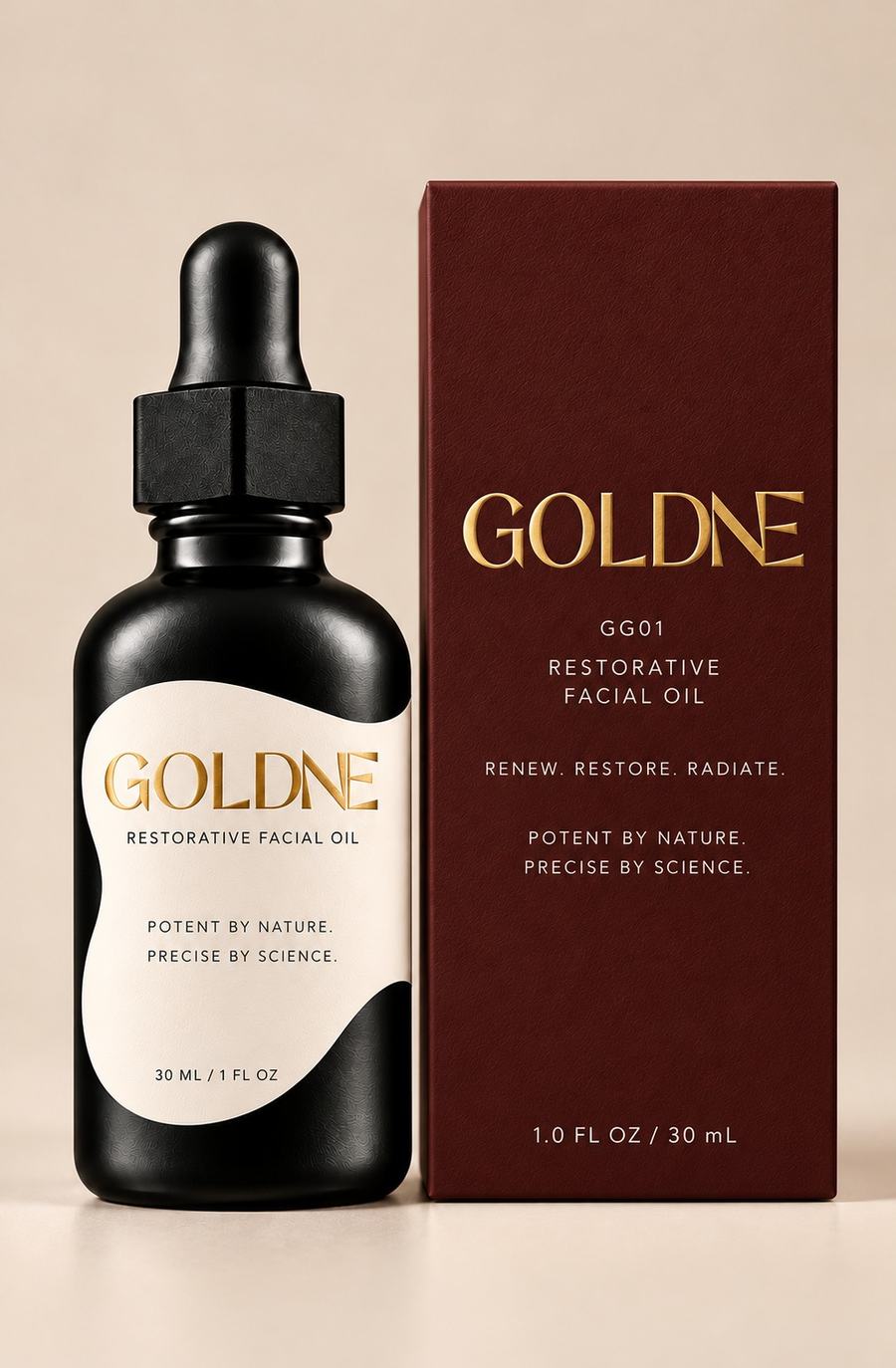 GOLDNE Facial Oil in a black glass dropper bottle beside its carton